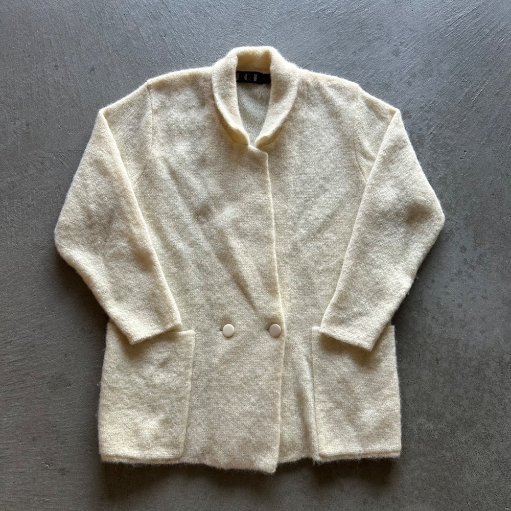 Vintage 80s PGE Mohair Wool Cardigan Sweater Womens Large Cream Double Breasted